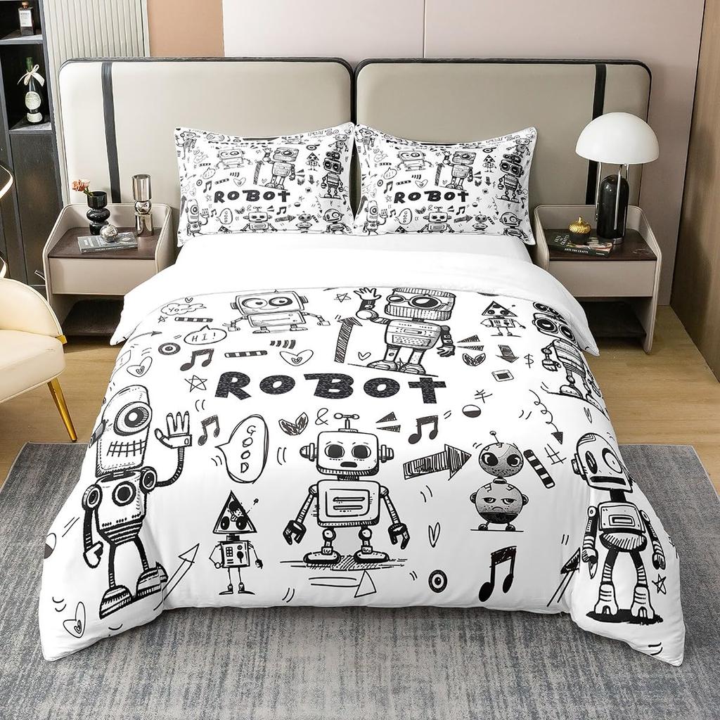 Robot Duvet Cover Sets for Kids Boys Girls Queen Size Lightweight Down Quilt Covers 2 Pillowcases 1 Comforter Cover No Comforter