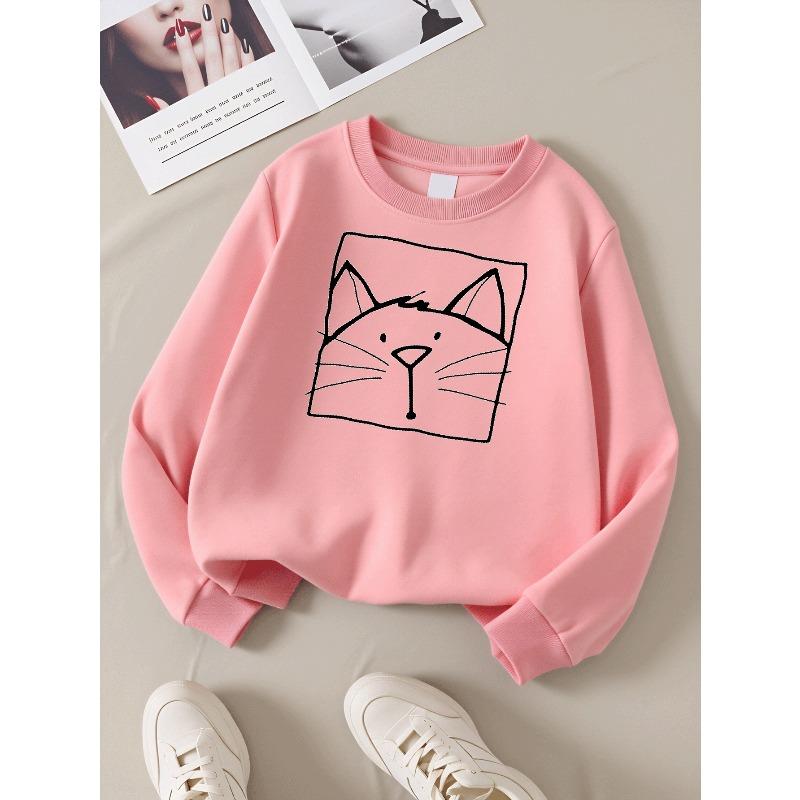 Kids Long‑Sleeve Crewneck Sweatshirt, Cute Cat Face Design Print,Daily Casual Top for Spring & Autumn