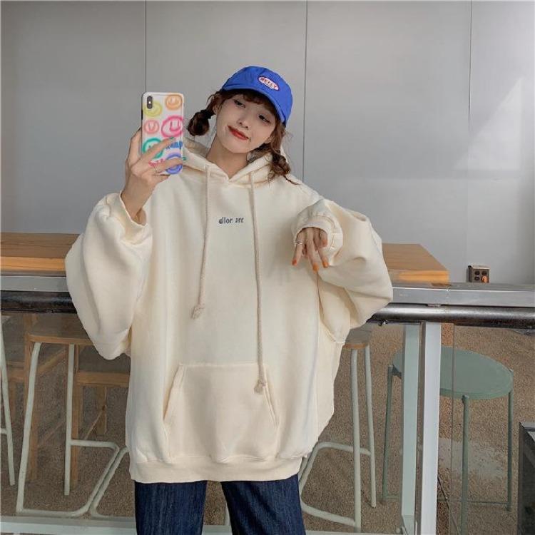 Autumn Winter Velvet Hooded Oversized Hoodie Women Loose Top Letter Print for Student Ladies