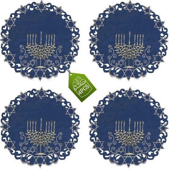 OWENIE Hanukkah Placemats Set of 4, Embroidered Chanukah Menorah Blue Round Placemats, Je Festival Holiday Party Table Decor Indoor Outdoor