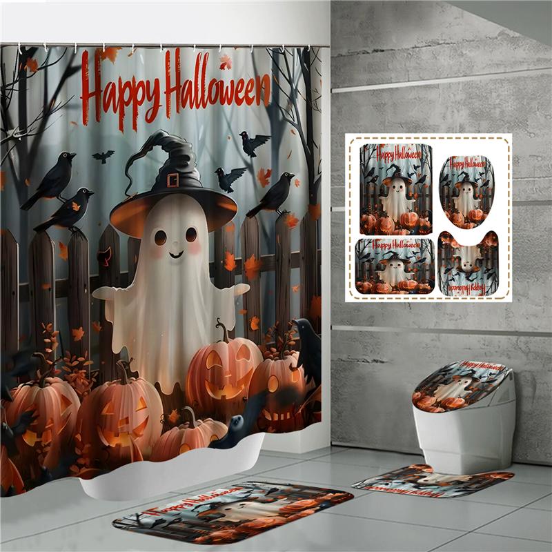HOT Halloween Ghost Pumpkin Skull Shower Curtain Set with Non-Slip Rugs Toilet Lid Cover and Bath Mat Washable Trick or Treat