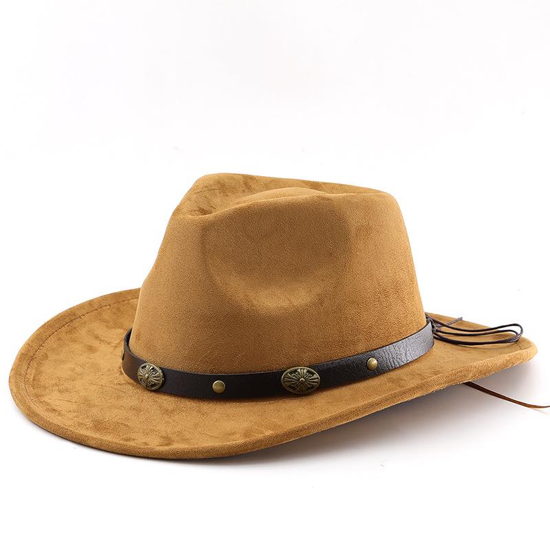 Western Suede Upturned Edge Western Cowboy Hat Men's and Women's Outdoor Travel Hat Rolled Brim Ethnic Style Top Hat Felt Hat