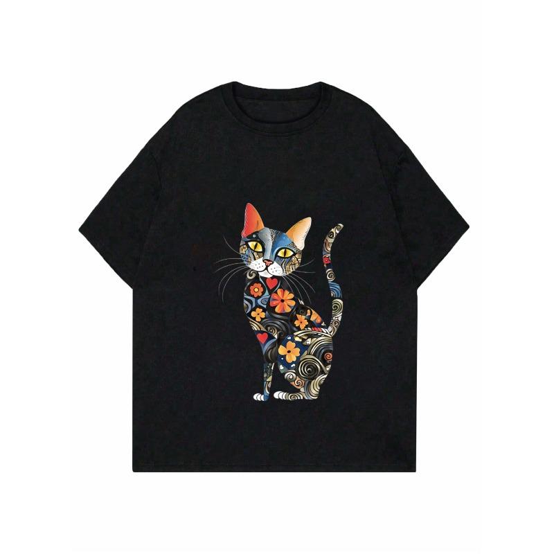 Women Casual T Shirt Black Colorful Cat Floral Pattern Print Loose Fit Top For Daily Wear And Home Use