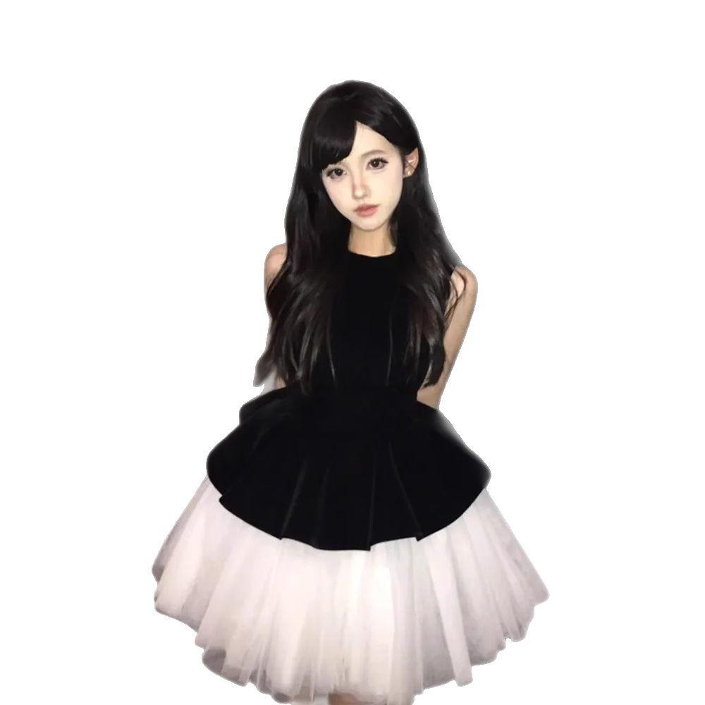 Velvet Patchwork Sleeveless Princess Dress for Women - Summer Waist-Slimming Puffy Tank Style