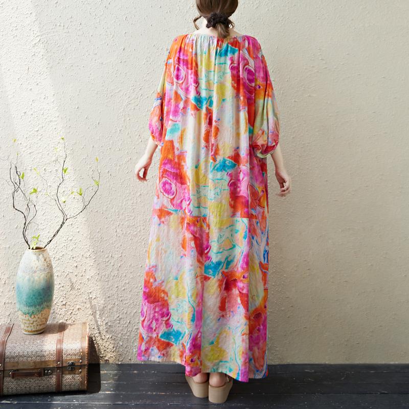 Dimanaf 2025 Summer Plus Size Dress Floral Women Casual Vintage Dress Basic Printing Long Beach Elegant Loose Dress