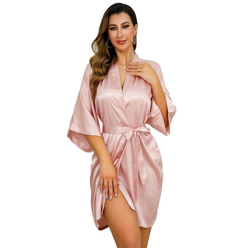 Women's Solid Color Silk-Like Pajama Robe - Long, Sexy Tie-Up Bathrobe & Loungewear
