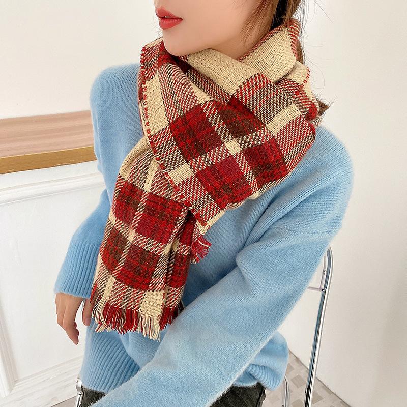 Double-sided plaid scarf women's winter 2025 Christmas imitation cashmere fringed shawl women's warm scarf