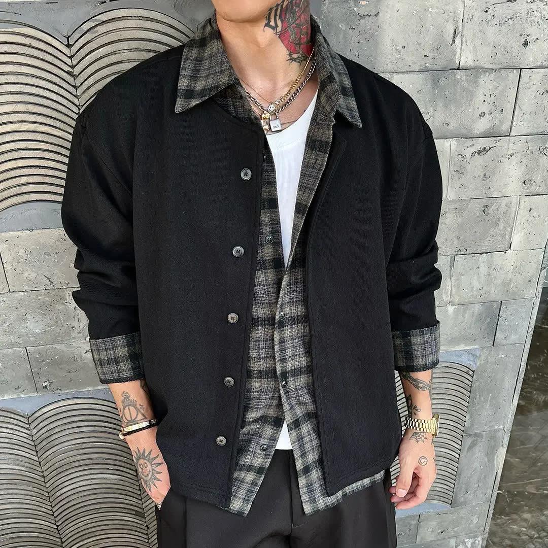 Men s Plaid Two-in-One Hoodie: Trendy Spring/Autumn Fashion Jacket Large чёрный