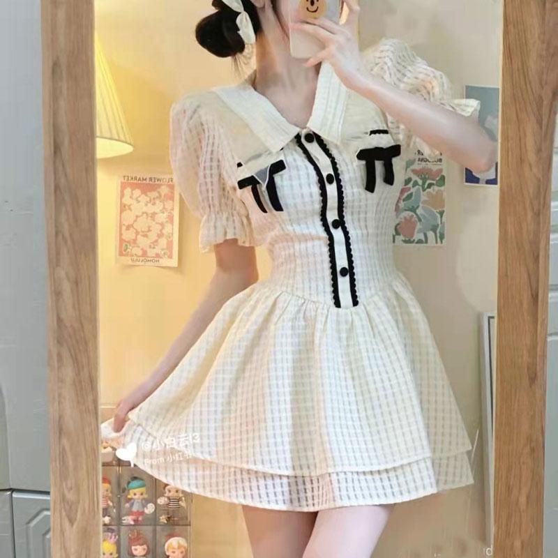 Hotsweet Cupcake Dresses Fashion Lace Spliced Button Women's Sweet Bow Doll Collar Summer Thin A-Line Waist Mini Dress