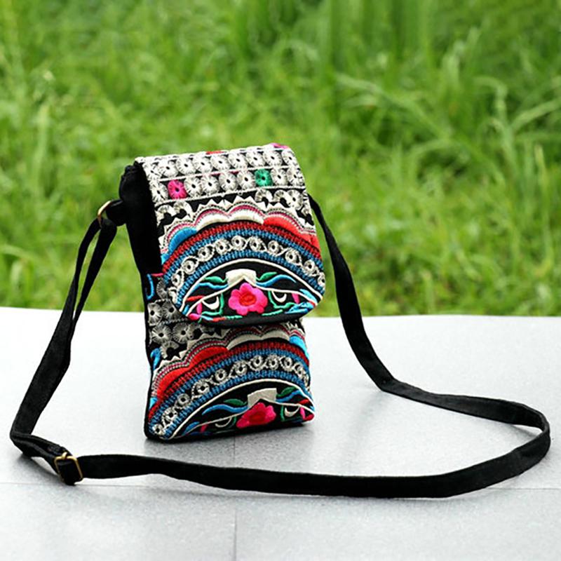 2025 New Ethnic Embroidered Canvas Crossbody Bag Embroidered Two-Layer Mobile Phone Bag Coin Purse