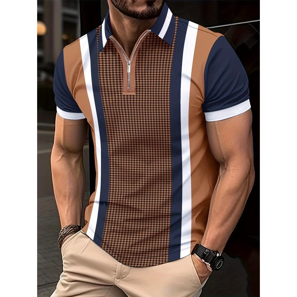 Summer new men's zipper short sleeved POLO shirt with 3D checkered print