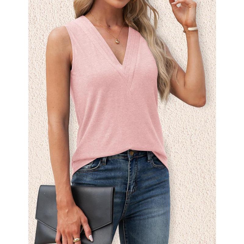 YYFS Women's Fashion Casual Summer Spring Solid Color Print Sleeveless V-Neck Blouses & Shirts