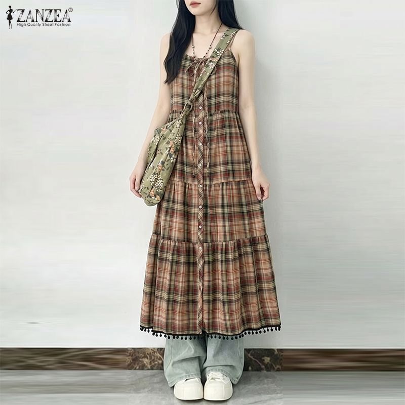 ZANZEA Women Plaid Print Summer Casual V-Neck Sleeveless Straps Camisoles Dresses