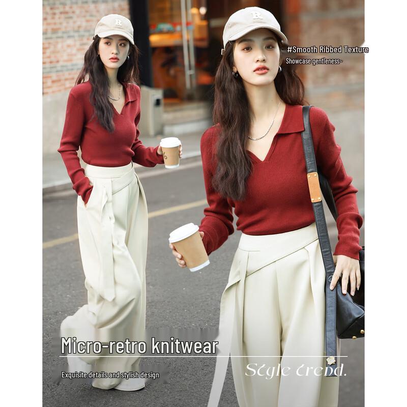 Demana 2025 Frühling/Herbst Polo-Kragen Strick Slim-Fit Top