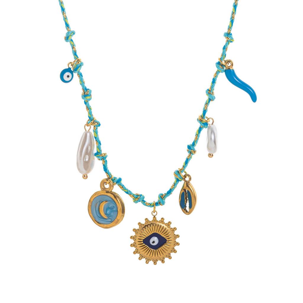 Collar de Perlas de Dopamina en Forma de Corazón con Colgante de Estrella de Mar Multicolor en Acero Inoxidable.
