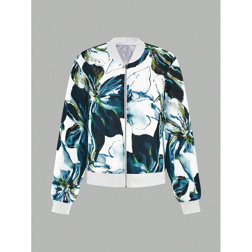 Women's Floral Print Baseball Collar Bomber Jacket Long Sleeve Zip Up Coat Outerwear