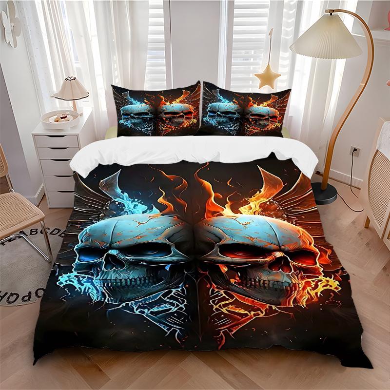 3pcs Anime Skulls Flames Wings Comforter Set with One Quilt Cover and Two Pillowcases (No Core) - Home Decor, Festival Gift, Polyester Fabric, Bedroom