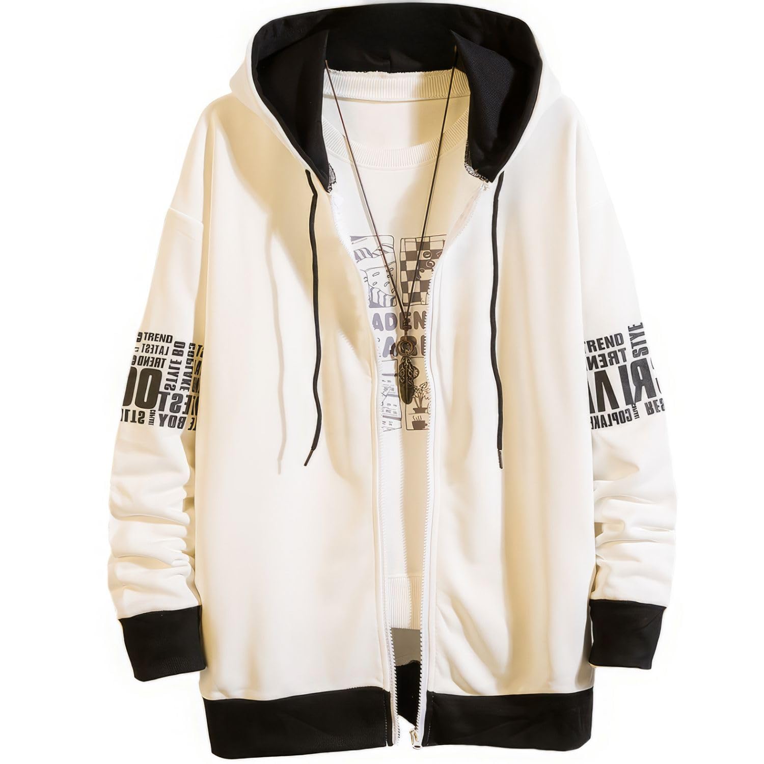 

Long Plus Loose [foveitaa] Men s Zip-Up Hoodie, Fall/Winter, Sleeve, Hooded, Simple, Stylish, Sizes, Fit, Cardigan, Jacket, Sweatshirt, White-XL