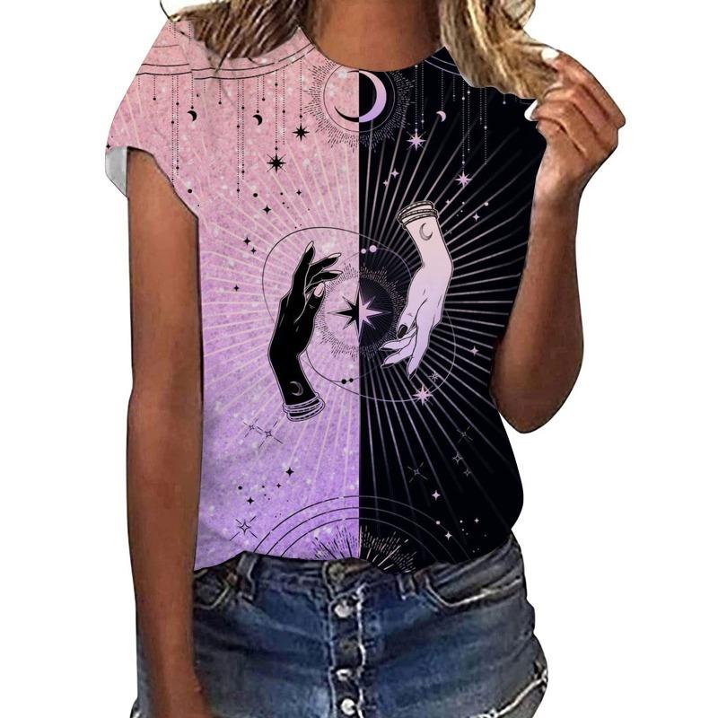 Women's Summer Casual Round Neck Pullover Short Sleeved Digital Printed Loose T-shirt