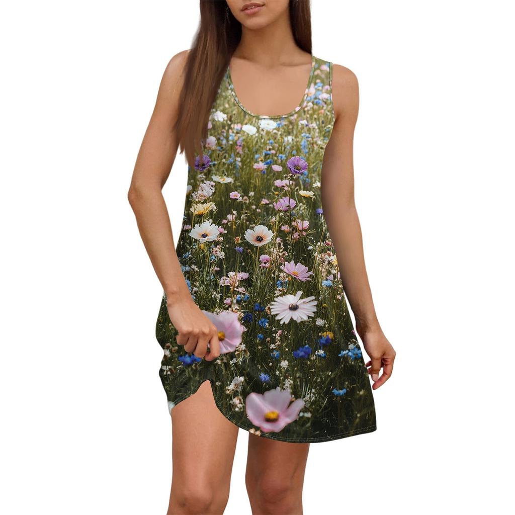 Damen Sommerkleid, lässig, quadratischer Ausschnitt, Blumendruck, ärmellos, mit Taschen