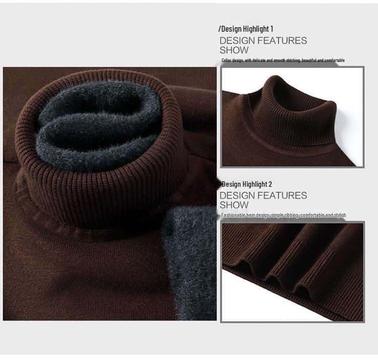Men's Wool Blend High Neck Knit Sweater with Velvet Fleece Lining
