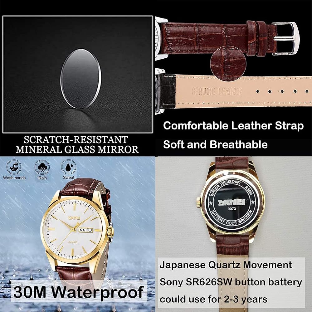 Men's Classic Brown Leather Strap Watch Waterproof Quartz Analog Casual Simple Date Day Lightweight