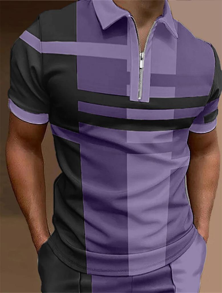 Men's Zipper Polo, Collar Polo Shirt, Golf Shirt, Graphic Print, Geometry, Linear Opening, Short Sleeve, Zipper Clothing Top