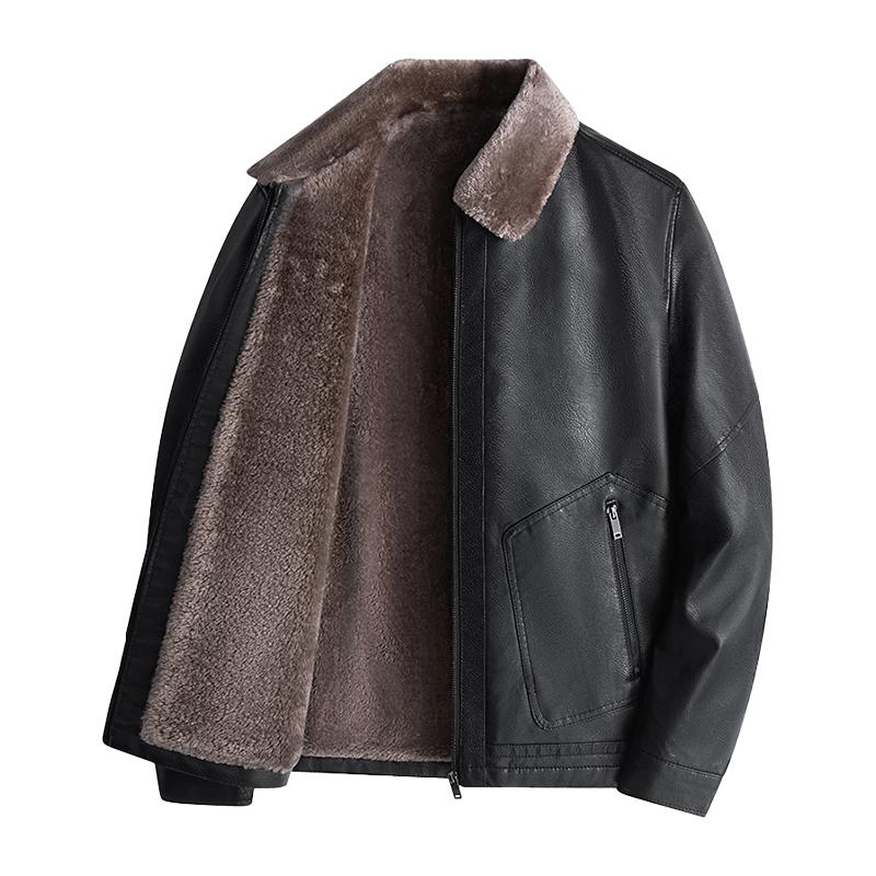 Fashion Casual Mens PU Leather Jacket Autumn Winter Thick Fleece Warm Outerwear Light Business Lapel Versatile Coat