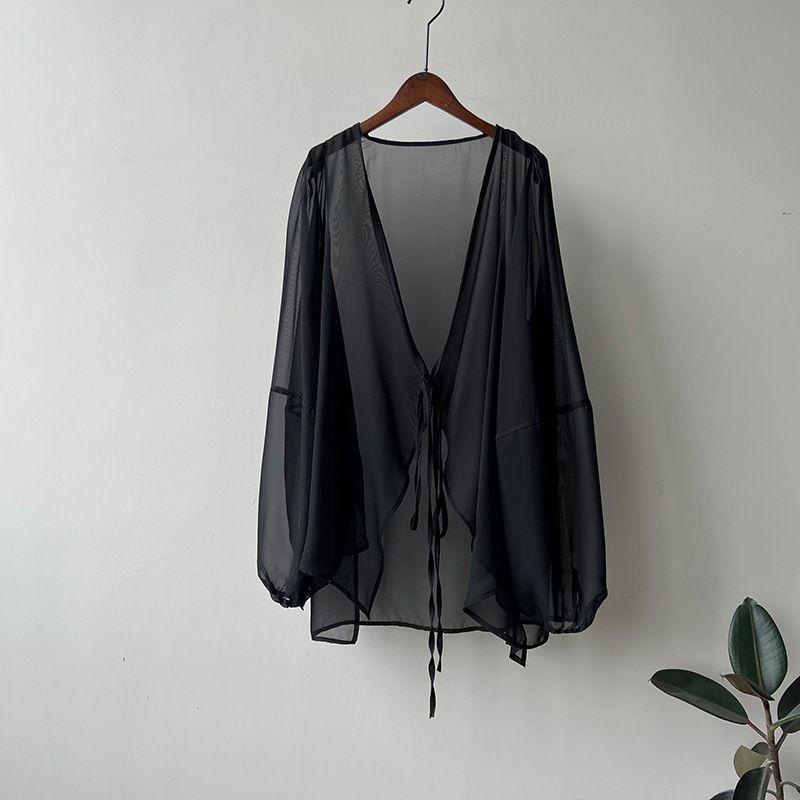 Women's V Neck Long Sleeve Midi Cardigan Loose Fit Chiffon Open Front Cover Up