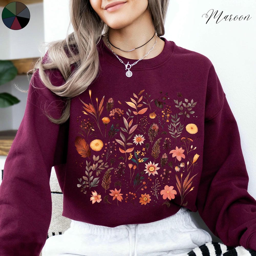 Vintage Forest Wildflowers Print Sweatshirt For Women Botanical Wild Flower Jumper Crewneck Unisex Fleece Sweatshirt Streetwear