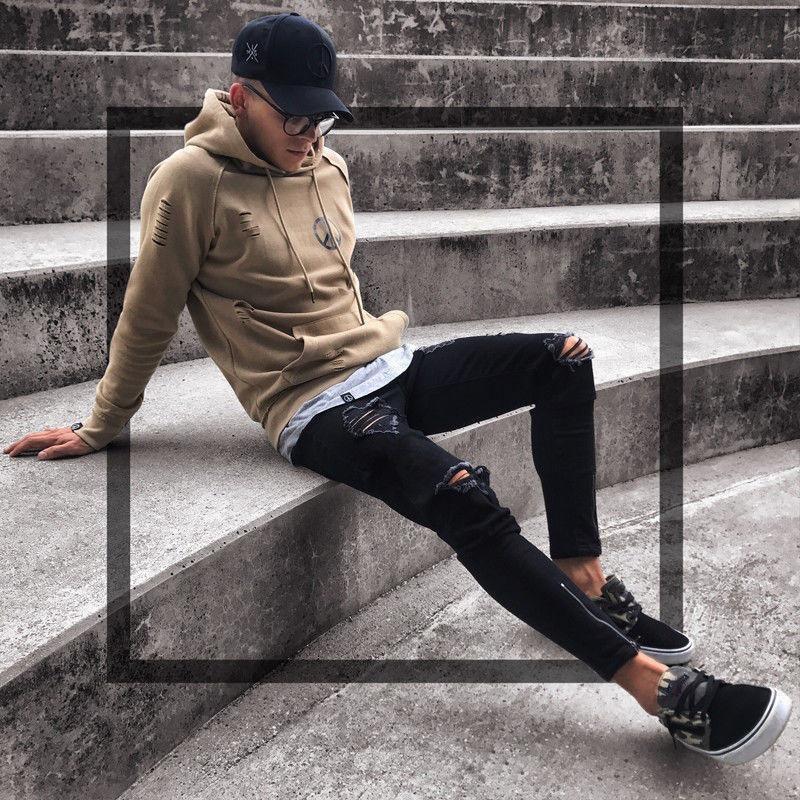 Black Hole Stretch Zipper Men's  In Europe and The United States Trend Small Leg Pants Plus Size