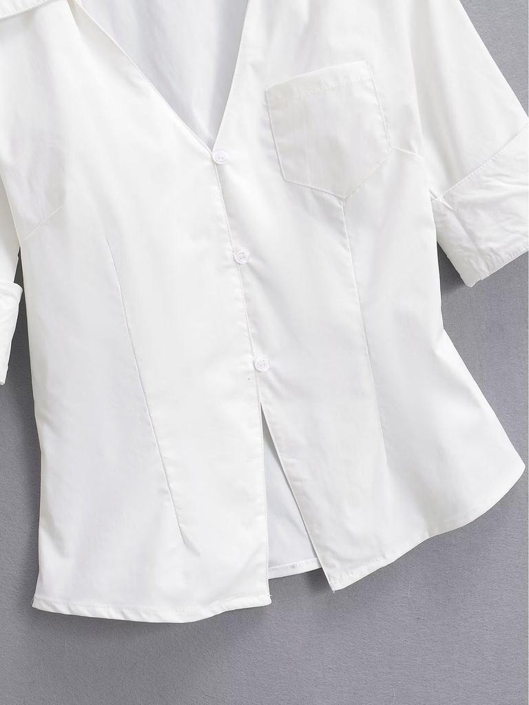 White V-Neck Slim-Fit Women's Sexy Short-Sleeved Shirt