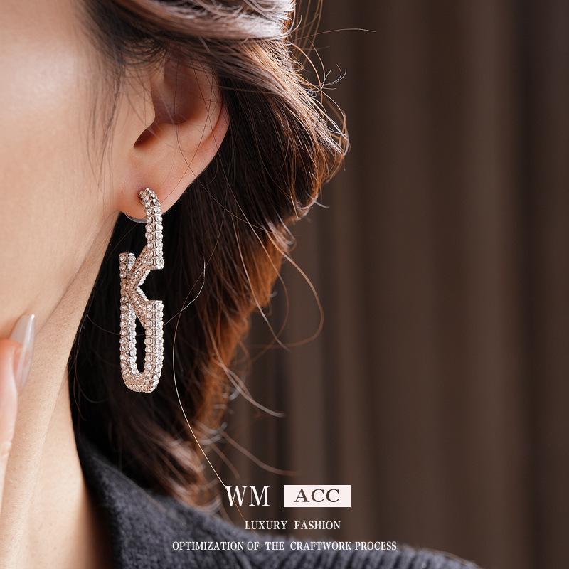 Silver Needle Diamond-Studded Letter Earrings - European & American Style, Exaggerated Cold Temperament, Stylish Luxury Studs
