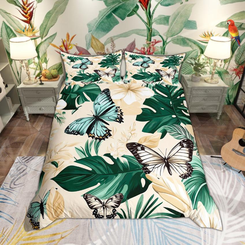 Homewish Green Palm Tree Duvet Cover Set Tropical Leaves Bedding Set Botanical Plant Quilt Cover Set