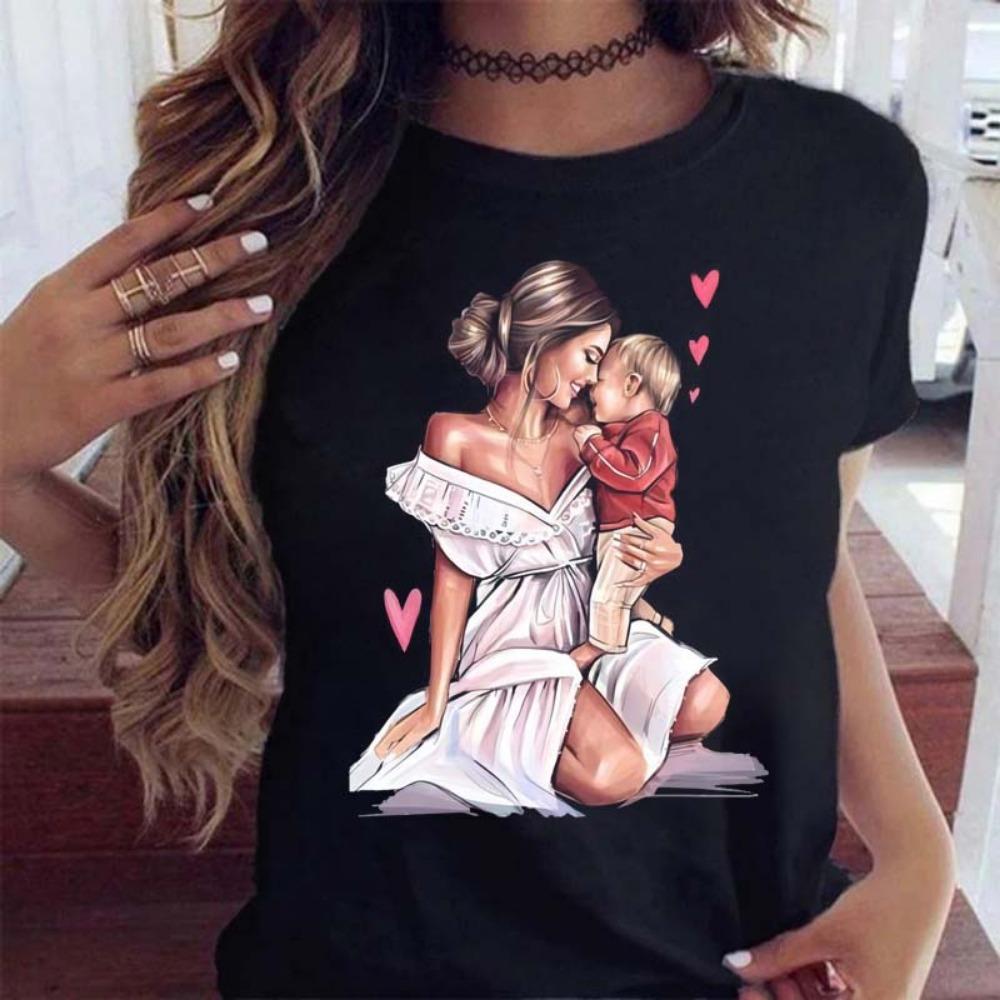 Maycaur Women T Shirt Cartoon Mom with Sons Shirt Fashion Print Casual Woman Tee Ladies Female T-shirt Short Sleeve T Top Shirt