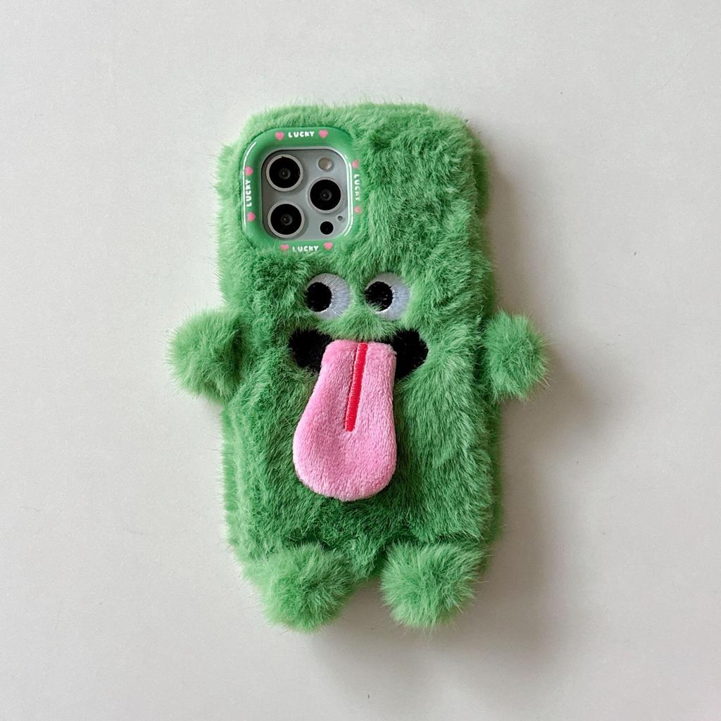 Funny Tongue Sticking Out Plush Mobile Phone Case, Winter Warm Fuzzy Phone Case Cover, Christmas Cute Phone Case For 14ProMax