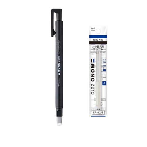 Tombow MONO Zero Pen-Style Holder Eraser, Rectangular Tip (2.5 x 5mm), Black Body with 1 Refill Pack (2pcs), Model EH-KUS