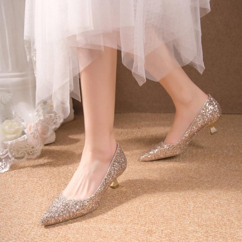 Autumn new sequined stiletto single shoes pointed head shallow mouth high heels medium heel bridesmaid bride shoes