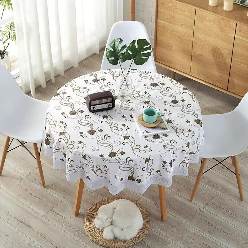 Pvc Hotel Waterproof Tablecloth Printed Oil Resistant Large Circular Table Cloth Hotel Plastic Round Table Cover With Lace Hem