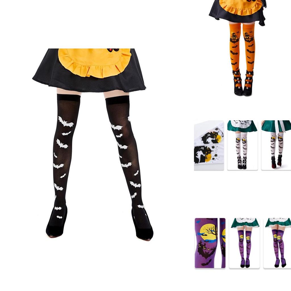 Halloween Ladies Bat Print Over Knee Cosplay Costume Stockings Comfortable Polyester Material