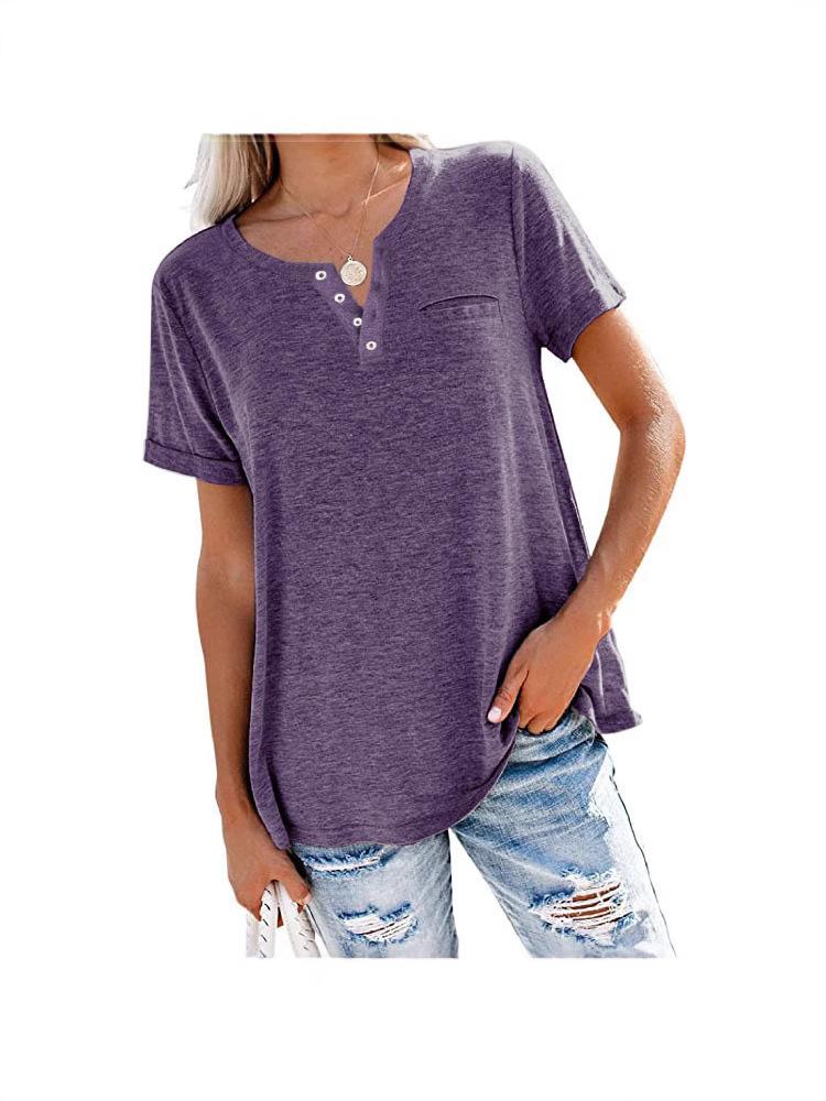 New Women's V-Neck Short Sleeve Loose Pocket T-shirt for Spring/Summer - Europe & America Style