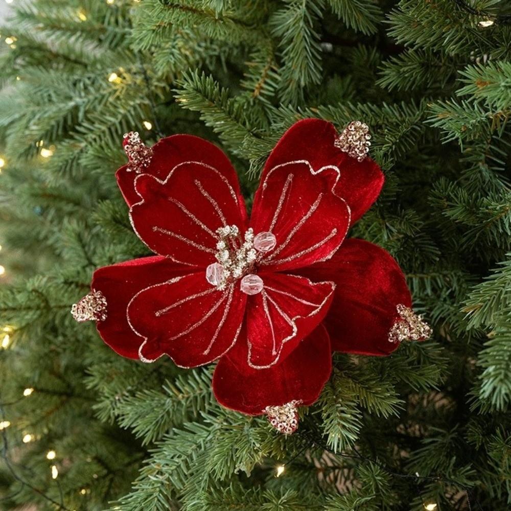 22cm Artificial Christmas Flower Shiny Beautiful Christmas Tree Wreath Handmade Realistic Christmas Poinsettia New Year Decor