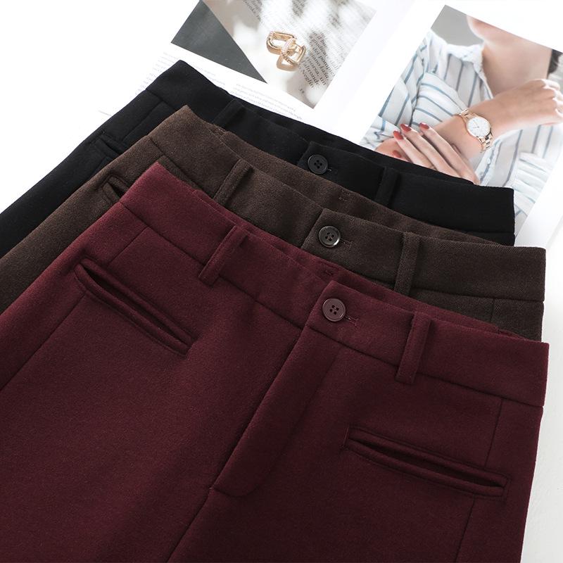 Ancola Women's Red Wool Pants: 2024 Autumn/Winter Plus Velvet Straight-Leg Wide-Leg Style