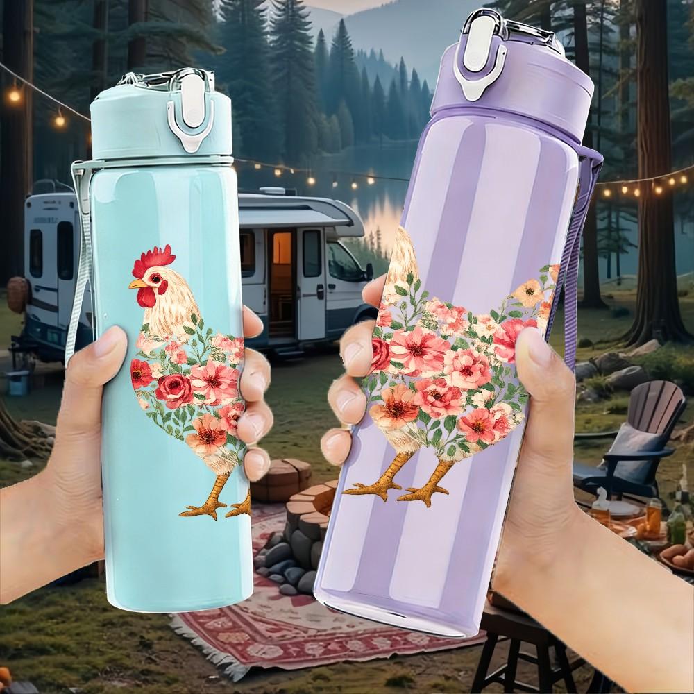 1PC Floral Rooster Chicken Art Print 750ml Color Plastic Sports Water Bottle Leakproof Flip Straw Lid Suitable for Sports Office Home Use