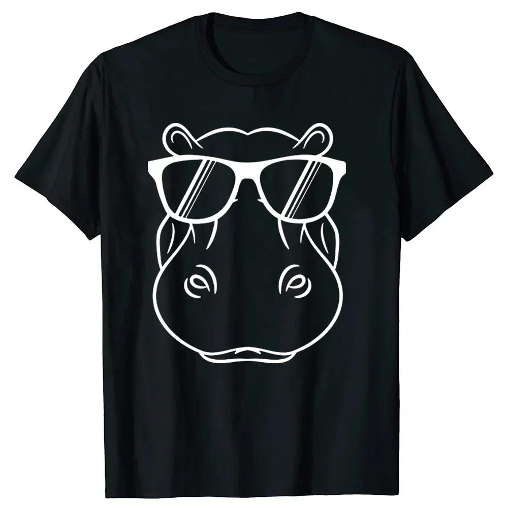Clothing Casual Basic T-shirts Retro Vintage Hippo Hippopotamus Sunglass Tee Tops Round Neck Short-Sleeve Fashion T Clothing