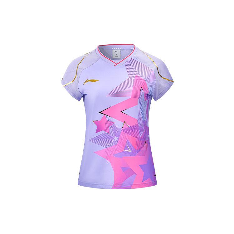 Li-Ning Ping Pong Series Star Striped Letter V-Neck Pullover Short Sleeve Raglan T-Shirt Women tops Lilac AAYS258-1 S