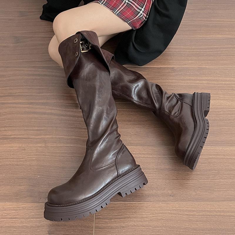 

Сапоги выше колена женские ретро маленькие толстые подошвы увеличение 2025 новые осенне-зимние бархатные хлопковые сапоги рыцарские сапоги 40 темно-коричневого