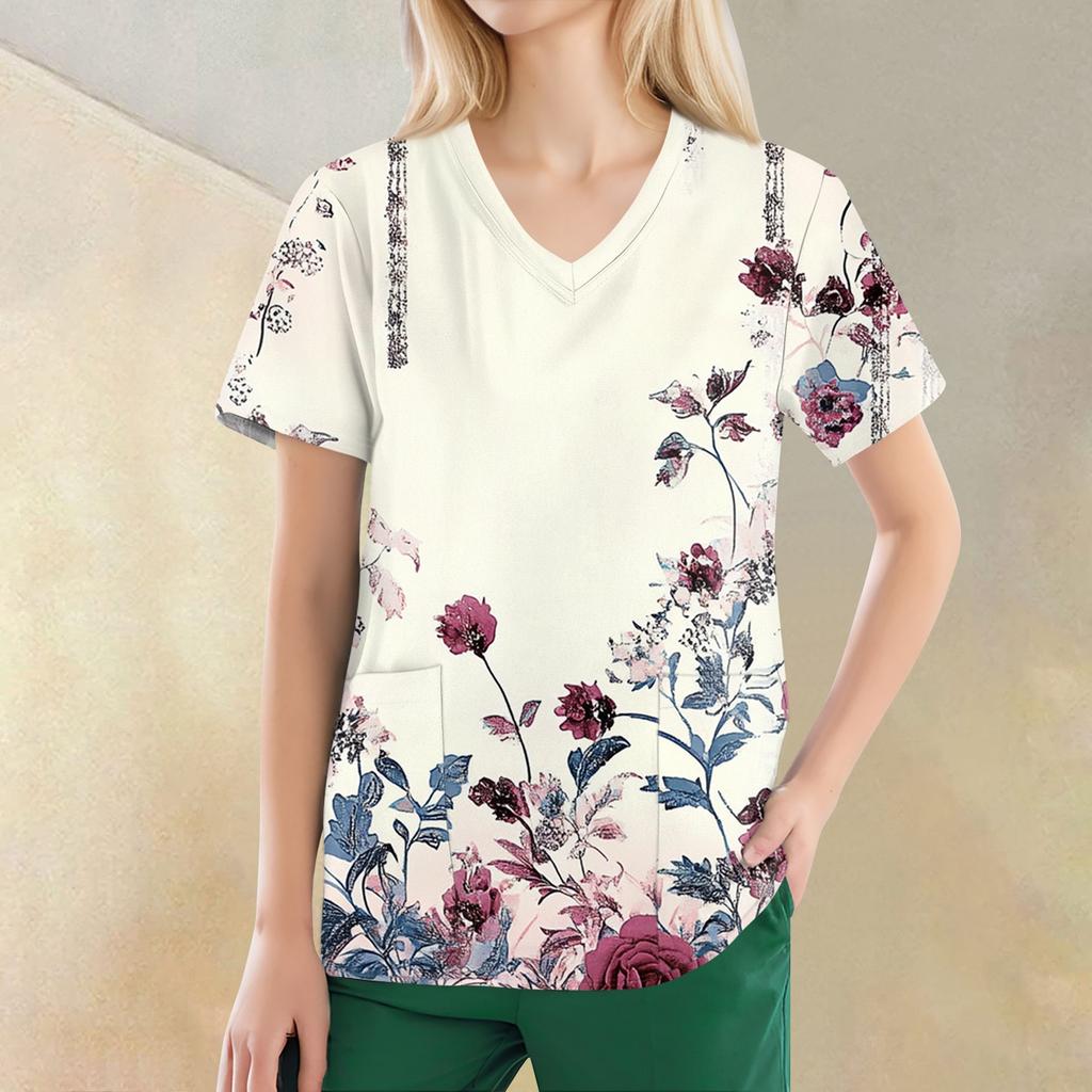 Women's V-neck Fashion Casual Printed Tops And Protective Workwear