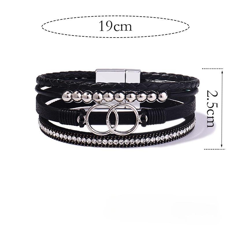 Leather Double Ring Magnetic Buckle Zircon Bracelets Handmade Weaving Men Women Fashion Versatile Bracelet