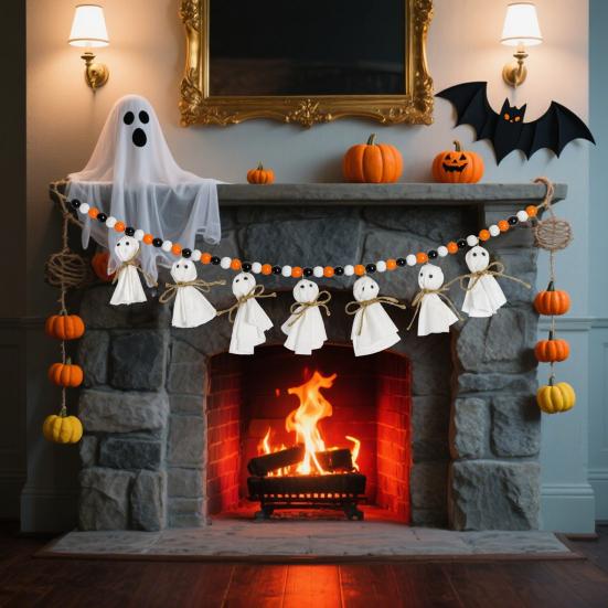7.2FT Halloween Ghost Garland with Wooden Beads Handmade Rustic White Ghost Decor Vintage Farmhouse